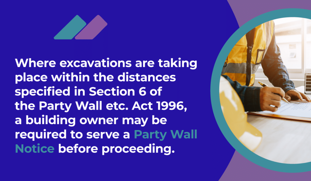 Mini infographic outlining the legal requirements when excavations are taking place within the distances specified in Party Wall etc. Act 1996.
