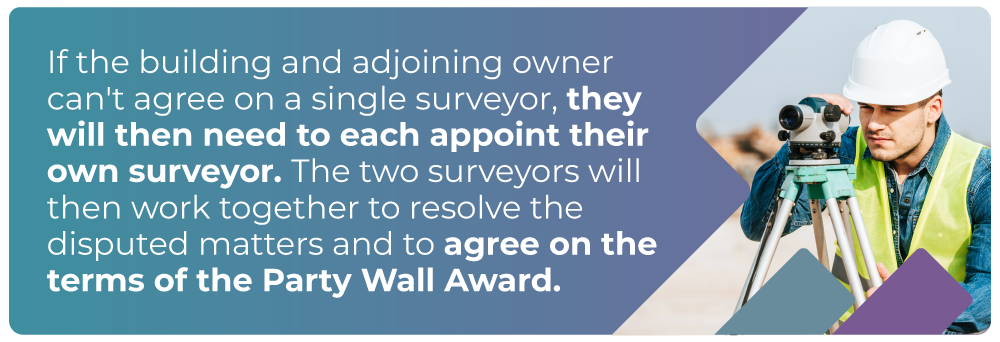 Mini infographic outlining the process of appointing two surveyors in Party Wall matters.
